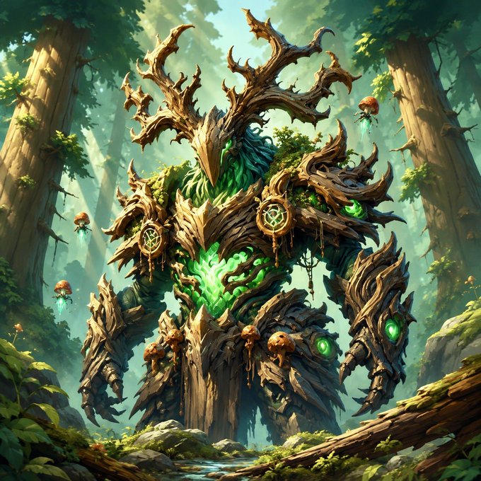 A massive, tree-like forest guardian boss with glowing green energy emanates from its antlered, wooden body, ready to be defeated. The mystical creature stands in a lush forest, evoking the "New Quest" and "Bosses" teased in the spirit-clicker.io game overhaul announcement by Enjin.