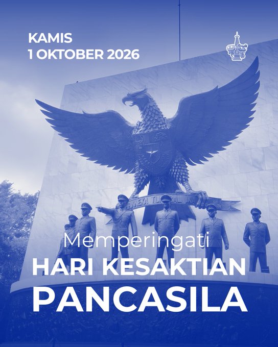 A blue-tinted poster for 'Hari Kesaktian Pancasila' (Indonesian Sanctity Day of Pancasila) dated 'KAMIS 1 OKTOBER 2026' featuring the Garuda Pancasila monument.