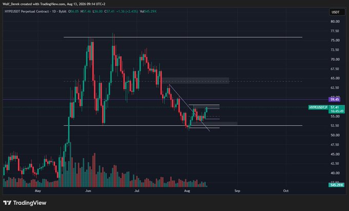 A TradingView daily candlestick chart for Hyperliquid Perpetual Contract (HYPEUSDT) created on August 13, 2026, showing price action between approximately $45 and $77 with a descending trend pattern.