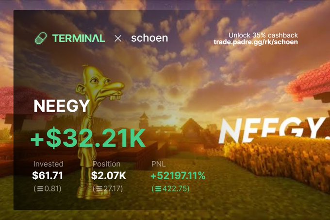 A screenshot showcasing a trading achievement card with the Terminal x Schoen partnership, displaying a gain of +$32.21K on $NEEGY, with a position of $2.07K and a +52197.11% PNL, set against a Shrek-themed background featuring the NEEGY meme character.