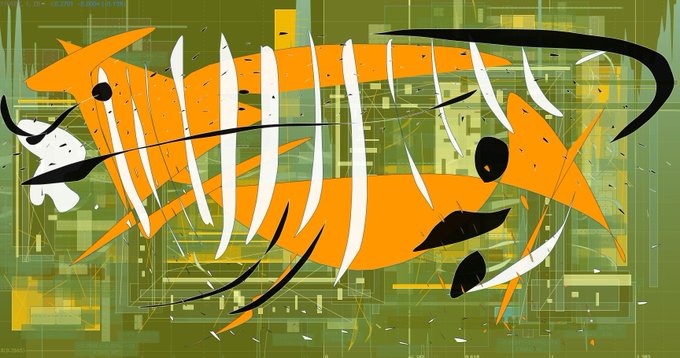 The image features a large, abstract painting with an orange fish-like shape that has white stripes running through its body. The painting is predominantly green and black, creating a striking contrast between the colors of the fish and the background. The artist's signature can be seen in the bottom right corner of the painting.