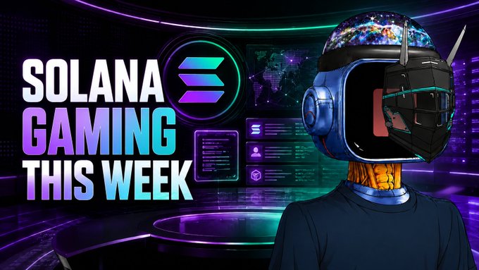 'SOLANA GAMING THIS WEEK' promotional banner featuring the Solana logo and a futuristic character wearing an astronaut-like helmet with a galaxy reflection.