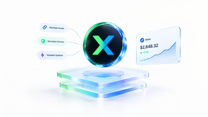 A 3D graphic showing a glowing X token coin on a platform, connected to features like Multiple Feeds, Deviation Checks, and Reliable Updates, with a base price of $2,648.32 and a +2.4% increase.