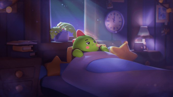 A cute green cartoon character with bunny ears tucked into a cozy bed with stars and a moon visible through the window at night.