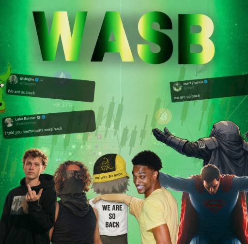 A green-themed graphic with 'WASB' in large letters, featuring tweets saying 'We are so back' and 'We are SO back' alongside various characters including Batman and Superman.