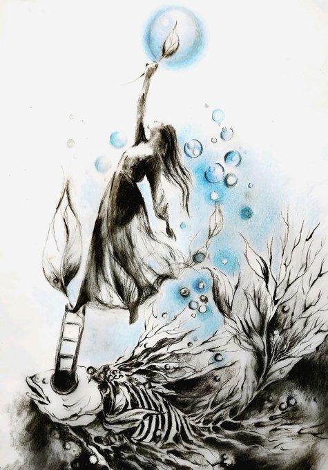 An artistic illustration featuring a dark, elongated figure reaching toward a blue sphere, surrounded by bubbles, leaves, and organic shapes in a sketchy, watercolor style.