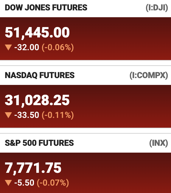 The image shows a financial dashboard with **Dow Jones (51,445.00)**, **NASDAQ (31,028.25)**, and **S&P 500 (7,771.75)** futures all ticking down modestly by 0.06%–0.11% in pre-market trading. The small, across-the-board declines visually support the post's "smol derisking" comment, indicating a slight but broad pullback across all three major U.S. equity indices.