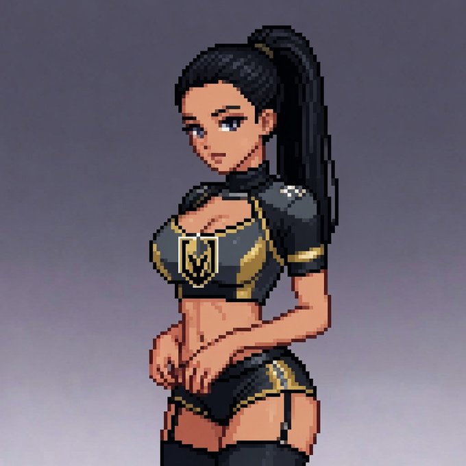 Pixel art of a female character with a high ponytail, wearing a black and gold crop top with a shield emblem and matching shorts.