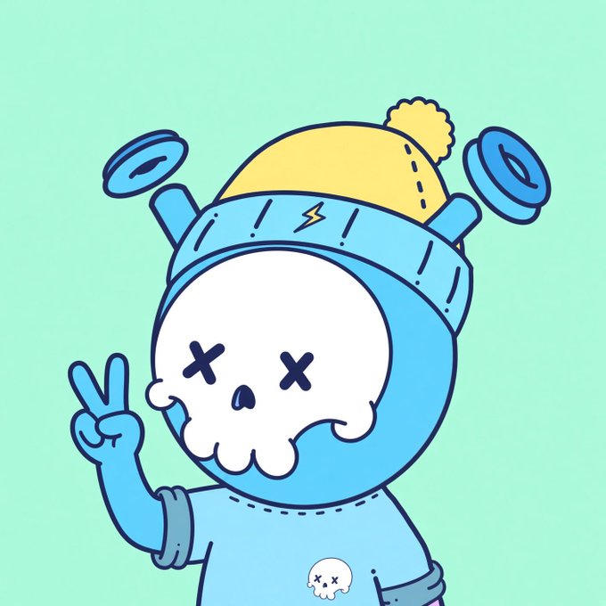 A cartoon illustration of a blue character with a skull-like face featuring X eyes, wearing a yellow beanie with a pom-pom and flashing lights on a helmet, making a peace sign.