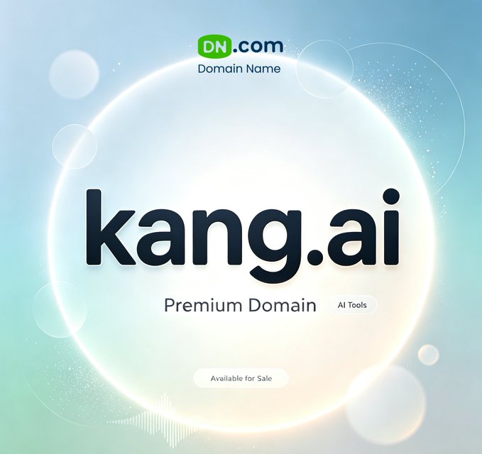 An advertisement for the premium domain 'kang.ai' on DN.com, labeled 'AI Tools' and 'Available for Sale' against a glowing circular background.