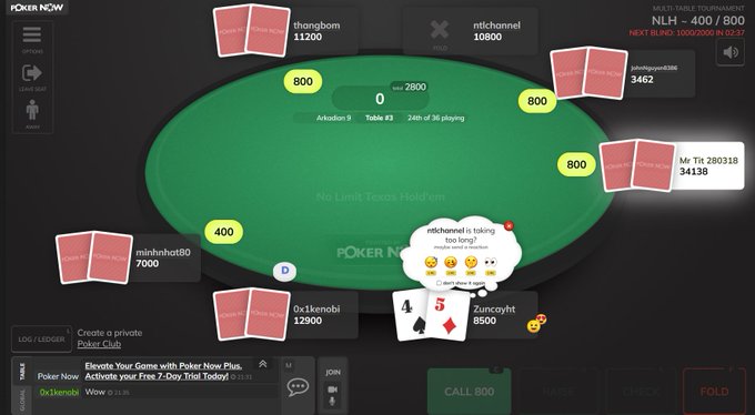 An online poker game on Poker Now showing a table titled "No Limit Texas Hold'em" with players like thongbom (11200), nitchannel (10800), and minimohai80 (7000), with hand options like CALL 800 and FOLD visible.