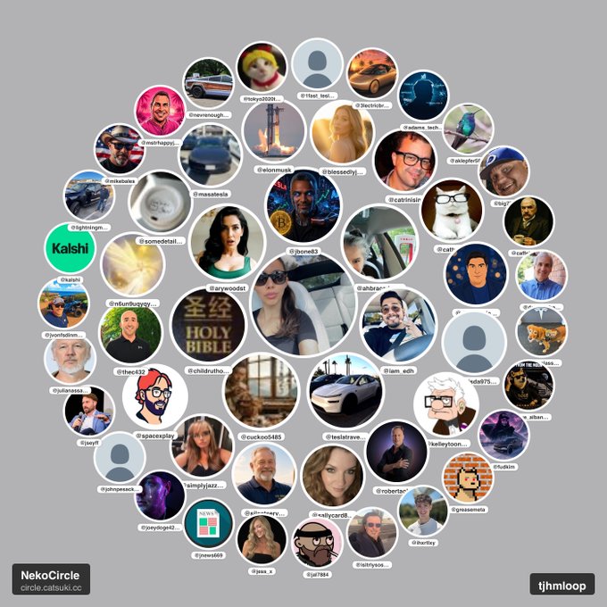 A network visualization showing numerous circular profile pictures arranged in a cluster, including faces, cars, and various icons, with the 'NekoCircle' logo from circle.catsuki.cc in the bottom left and 'tjmloop' in the bottom right.