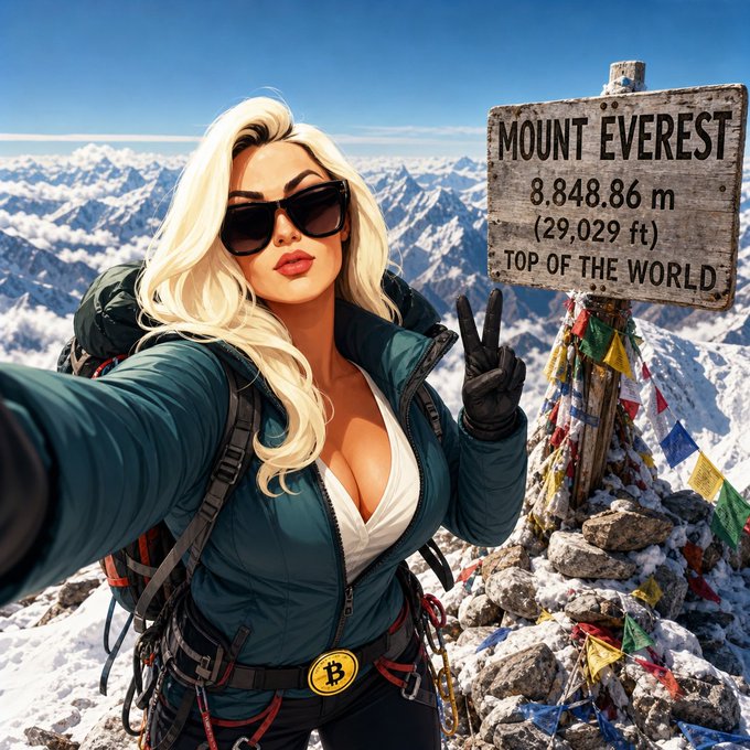 A stylized illustration of a blonde woman in sunglasses and a winter jacket taking a selfie at the Mount Everest summit sign (8,848.86 m / 29,029 ft) with prayer flags and a Bitcoin belt buckle.