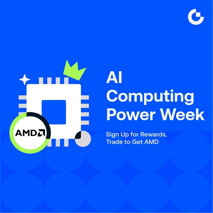 A blue promotional graphic for Gate.io's "AI Computing Power Week" campaign features a white microchip illustration with an AMD logo badge, advertising rewards for signing up and trading to earn AMD tokens. The text reads "AI Computing Power Week - Sign Up for Rewards, Trade to Get AMD," promoting the platform's exclusive offer for new traders with a 10 USDT position voucher.
