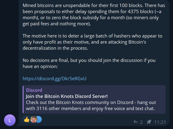 A Discord message from "L" in the Bitcoin Knots server discusses proposals to make mined bitcoins unspendable for 100-4375 blocks, allegedly to deter profit-motivated hashers attacking Bitcoin's decentralization. The post's caption notes the discussion has become "anthropologically fascinating," reflecting how the Discord screenshot captures the contentious debates among Bitcoin community members about protocol changes and miner motivations.