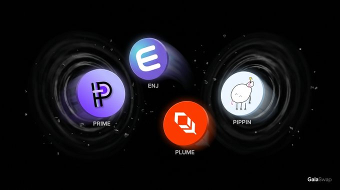 Four cryptocurrency tokens (PRIME, ENJ, PLUME, and PIPPIN) are displayed as colorful icons against a dark space-themed background with swirling galaxy effects, promoting their availability for swapping on GalaSwap's GalaChain platform.