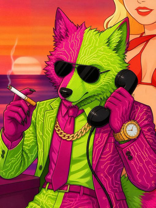 An anthropomorphic fox in a vibrant pink and green suit and sunglasses smokes a cigarette while holding a telephone, with a glamorous blonde woman in a red bikini visible behind him against a sunset backdrop. The lavish, "baller" aesthetic of the image—a wealthy, unbothered canine decked out in gold chains and a Rolex—perfectly embodies the post's bragging tone about $PACK defying sellers and continuing to pump.