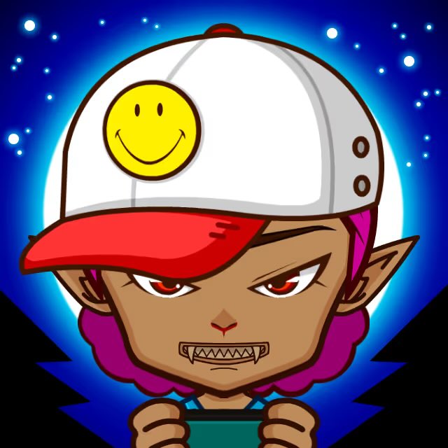 A stylized cartoon character with purple hair, fangs, and a white baseball cap featuring a yellow smiley face against a cosmic blue background.