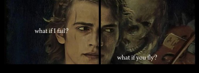 The image is a split-panel graphic showing a young man on the left with the text "what if I fail?" and a smiling skull-like face (clown makeup) holding a violin on the right with the text "what if you fly?" — a famous quote from *IT Chapter Two*. 

The post uses the image as a motivational Monday message, pairing the "what if I fail" fear with the "what if you fly" encouragement, tying it to the crypto ticker $RIVER — likely a rallying cry for investors to push past doubt and embrace potential gains this week.