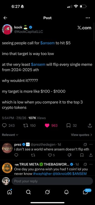 This image shows a tweet from @KookCapitalLLC predicting that $ANSEM will reach between $100 and $1000, calling it a low target compared to top crypto tokens. The surrounding replies discuss the potential of $ANSEM.
