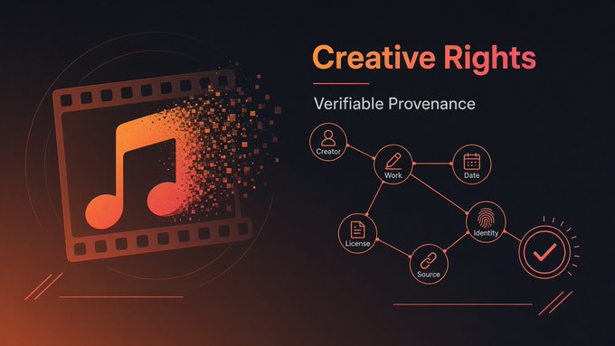 An orange and red graphic titled 'Creative Rights: Verifiable Provenance' shows a film strip with a music note transitioning into pixels, alongside a diagram connecting 'Creator', 'Work', 'Date', 'Identity', 'Source', and 'License' icons.