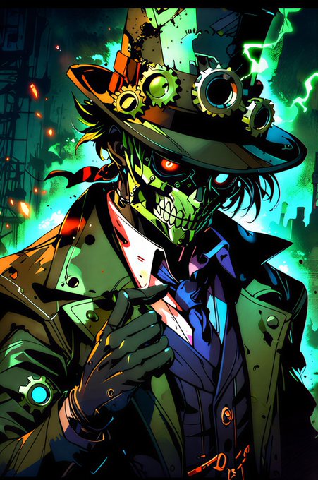 A vibrant anime-style illustration of a steampunk character with a skull-like face, glowing red eyes, and a tall hat adorned with gears, wearing a green coat and gesturing with a gloved hand.