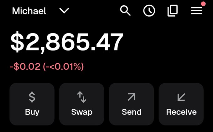 A mobile cryptocurrency wallet belonging to "Michael" displays a balance of $2,865.47 with a negligible change of -$0.02 (-<0.01%), alongside options to Buy, Swap, Send, or Receive. The image matches the post's expression of uncertainty over a modest crypto holding, illustrating the small amount the user is unsure how to manage.