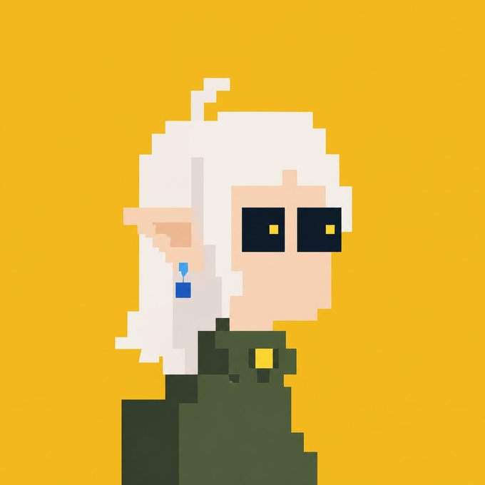 A pixel art portrait of Sylphie, the white-haired, green-cloaked character from *Mushoku Tensei*, rendered against a bright yellow background and hidden within a Bitfoot collectible.
