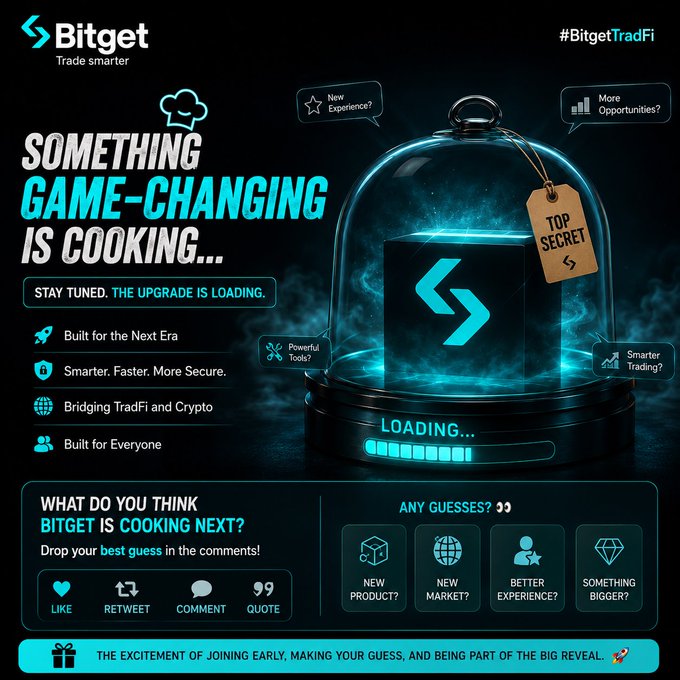 The image features a poster or advertisement with a glass dome containing a mysterious object labeled "game-changing" and accompanied by text that reads "Stay tuned. The Upgrade loading...built the Next era!". The poster also includes various icons related to trading, such as a stock symbol, a Bitcoin icon, and a social media icon like a Twitter handle. The image is accompanied by a caption that asks viewers if they think it's cooking next or if there are any guesses about what the object might be.