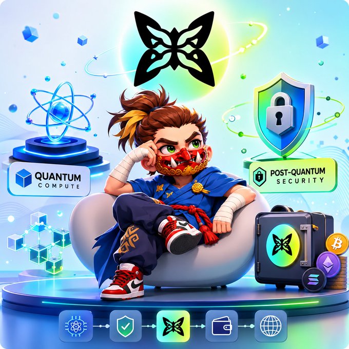 A stylized illustration of a fierce character wearing a Japanese oni mask and blue warrior outfit sitting on a cloud-like cushion, surrounded by icons representing Quantum Compute, Post-Quantum Security, a butterfly logo, and cryptocurrency coins including Bitcoin and Ethereum.