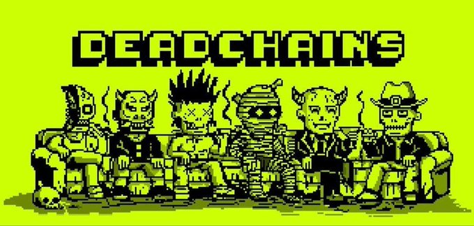 A pixel art graphic with the title 'DEADCHAINS' above a row of six zombie-like characters with various head shapes, sitting together on a green background.