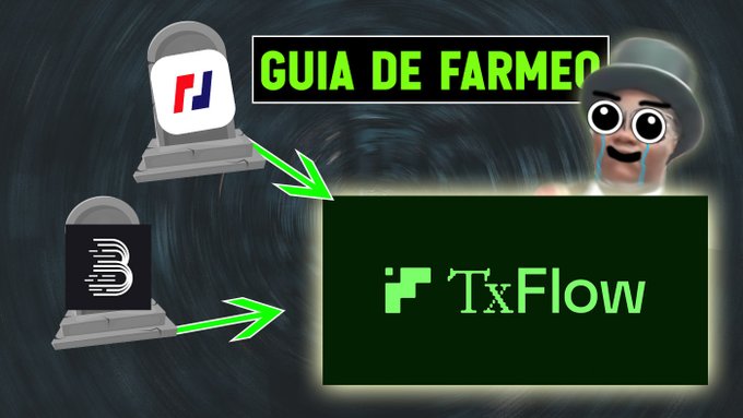 A thumbnail image titled 'GUIA DE FARMER' showing a cartoon character and arrows pointing to tombstones with 'P' and 'B' logos, leading to a green 'TxFlow' box.