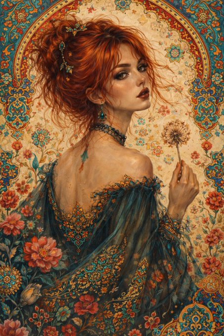 An ornate, decorative artwork in a Persian/Art Nouveau style showing a red-haired woman in an elaborate blue and gold dress holding a dandelion, set against a floral tapestry background.
