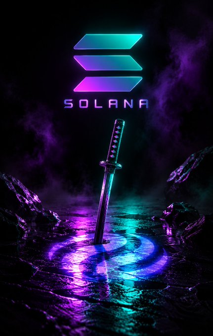 A digital artwork displays the glowing Solana logo above a Japanese katana stuck in the ground, illuminated by cyan and purple light in a dark, misty environment.