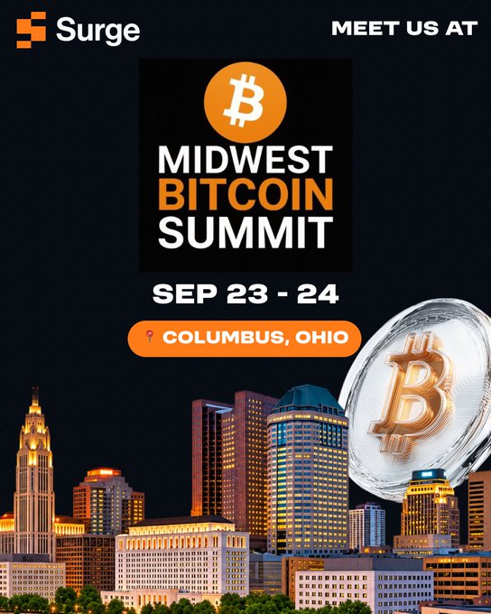 Promotional poster for the 'Midwest Bitcoin Summit' held September 23-24 in Columbus, Ohio, featuring the Surge logo and a Bitcoin coin over the city skyline.