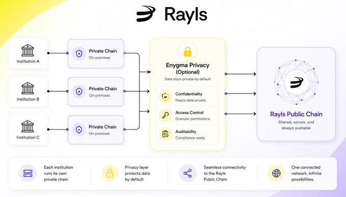 The image is an infographic for Rayls, illustrating how multiple institutions (Institution A, B, and C) connect their individual on-premises private chains through the Enygma Privacy layer to the Rayls Public Chain, emphasizing confidentiality, access control, and auditability. The accompanying post about Rayls Sovereign aligns with this diagram by explaining how banks can use separate private EVM ledgers for atomic settlements without sharing infrastructure.