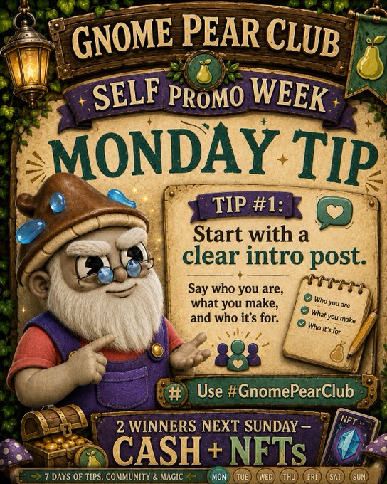 A whimsical fantasy-style promotional graphic for "Gnome Pear Club SELF PROMO WEEK" featuring a gnome character, with "MONDAY TIP #1: Start with a clear intro post" and a contest offering "2 WINNERS NEXT SUNDAY - CASH + NFTs."