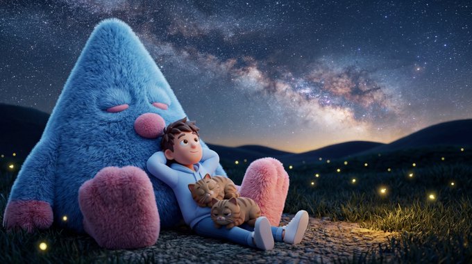 A whimsical 3D-rendered scene showing a cartoon boy relaxing against a large fuzzy blue creature with pink paws under a starry Milky Way sky, with a sleeping tabby cat on his lap.