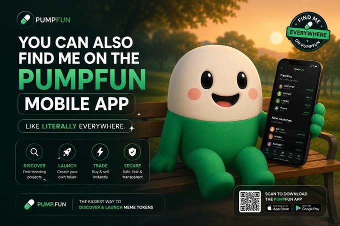 A cheerful green and white mascot sits on a park bench holding a smartphone displaying the PumpFun app, with the headline "YOU CAN ALSO FIND ME ON THE PUMPFUN MOBILE APP — LIKE LITERALLY EVERYWHERE" highlighting features like Discover, Launch, Trade, and Secure alongside a QR code for downloading the app.