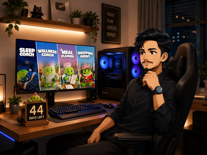 The image features a man sitting at his computer desk, with a cartoon character of Sleepagotchi from the video game Sleepyheads. He appears to be contemplating something or waiting for an upcoming airdrop allocation. The post about Sleepagotchi is related to this scene as it mentions that the player needs to secure their SOL addresses in order to participate in the airdrop process, which involves the character's game being released onto the players' devices.