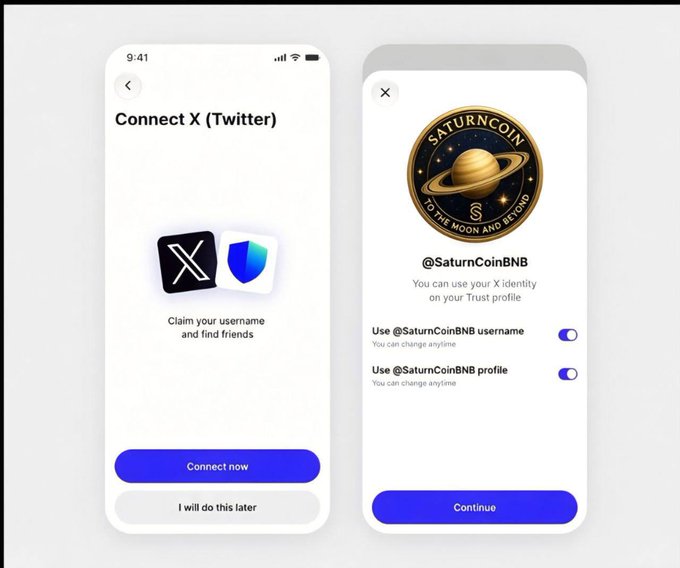 The image shows two mobile app screens from Trust Wallet demonstrating its new X (Twitter) integration: the first prompts users to "Connect X (Twitter)" to "Claim your username and find friends," while the second displays a sample profile for @SaturnCoinBNB with options to "Use @SaturnCoinBNB username" and "Use @SaturnCoinBNB profile" on a Trust profile. This visual directly supports the post's announcement about Trust Wallet incorporating X identity features into the app, allowing users to link their X handles and discover connections within the crypto wallet ecosystem.