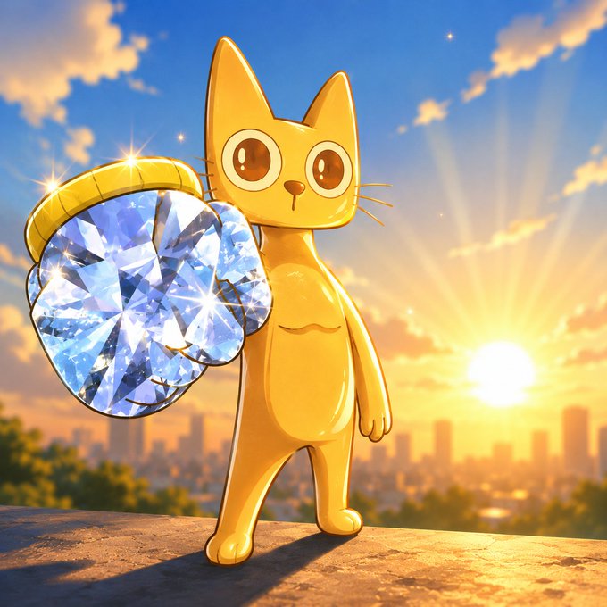3D-rendered golden cartoon cat standing on a ledge holding a large sparkling blue diamond, set against a sunset cityscape background.