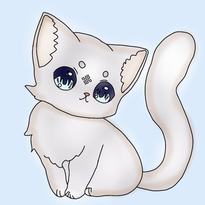 An illustration of a cute white cat with large, expressive anime-style eyes containing a QR code-like pattern, sitting against a light blue background.
