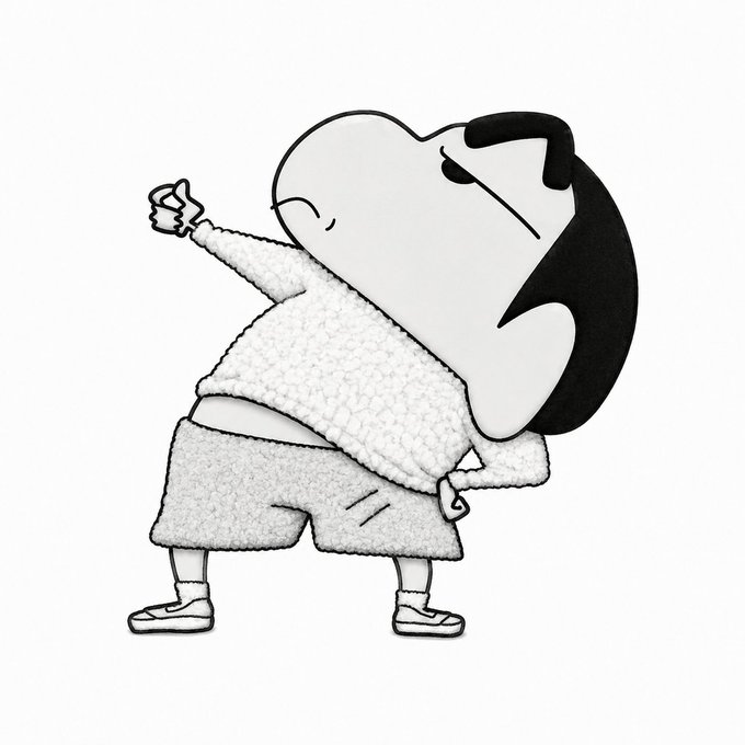 A black-and-white cartoon illustration of a chubby character with dark hair pointing forward while leaning back in a confident pose, wearing a sweater and shorts.
