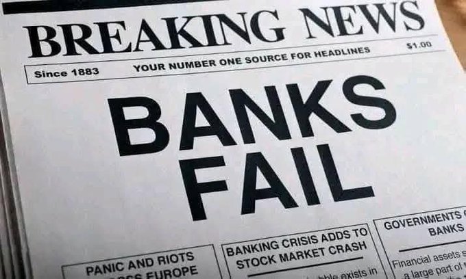 A newspaper front page with the headline 'BREAKING NEWS: BANKS FAIL' and subheadlines mentioning 'BANKING CRISIS ADDS TO STOCK MARKET CRASH' and 'PANIC AND RIOTS'.