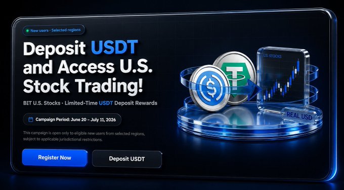A promotional banner advertising 'Deposit USDT and Access U.S. Stock Trading!' with a campaign period of June 20 – July 11, 2026, featuring 'Register Now' and 'Deposit USDT' buttons.