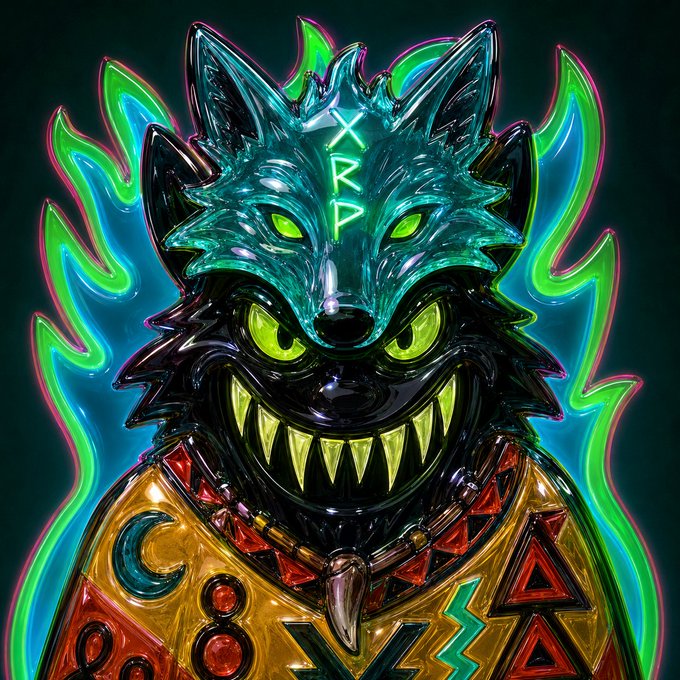 A digital illustration of a menacing black and teal wolf-like creature with glowing green eyes and sharp teeth, wearing a decorative collar with the letters 'XRP' on its forehead.
