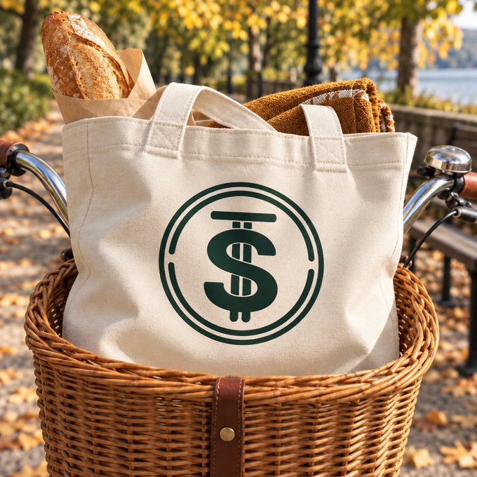 A canvas tote bag with a green dollar sign logo, containing bread and a brown towel, sitting in a wicker basket with bicycle handlebars visible on a cobblestone path.