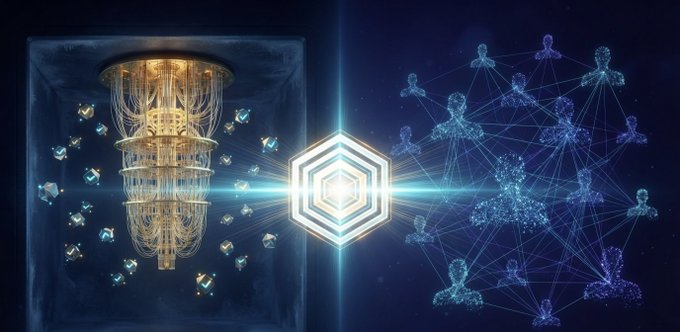 A conceptual digital graphic depicting a quantum computer on the left connected to a glowing hexagonal core, which links to a network of digital human figures on the right.