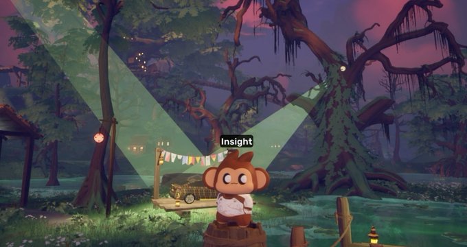 A 3D animated monkey character with an "Insight" label stands in a mystical forest at dusk, in front of a treasure chest and a market stall with bunting.
